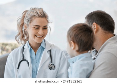 Woman, doctor and father with kid for consultation or checkup with smile, support and care. Healthcare worker, parent and happy with boy for medicare help, immunization and pediatrics for wellness - Powered by Shutterstock