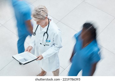 Woman, Doctor And Hospital Data With A Nursing Team In A Busy Wellness And Health Clinic. Medical, Healthcare And Nurse Worker With Insurance, Help And Medicine Information Ready For Surgery