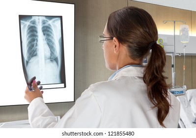 Woman Doctor Looking at X-Ray Radiography in patient's Room