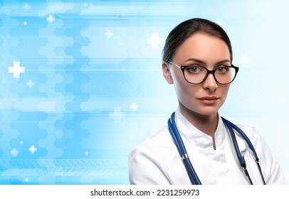 Woman doctor on blue and white futuristic background with medicine symbols - Powered by Shutterstock - Get 15% off with code: PIKWIZARD15