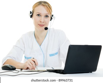A woman doctor operator on a white background.