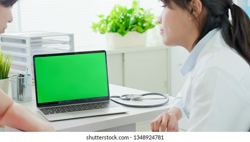 woman doctor and patient discussing something with green screen laptop in the hospital - Powered by Shutterstock