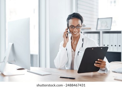 Woman, doctor and phone call with clipboard in clinic for medical results, appointment schedule or virtual advice. Medicine, nurse or happy for telehealth with online consultation or health insurance - Powered by Shutterstock