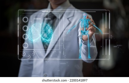 Woman doctor point ing and touching HUD screen with futuristic advance medical display
