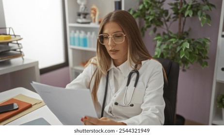 Woman doctor reviewing documents in a hospital room wearing glasses with a stethoscope, highlighting a professional and clinical environment featuring a hispanic female healthcare worker. - Powered by Shutterstock