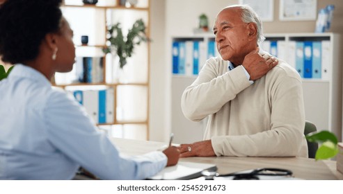 Woman, doctor and senior man with shoulder pain, checkup or medical advice at clinic consultation. Help, healthcare professional and elderly patient in office with neck cramp, muscle injury or ache - Powered by Shutterstock