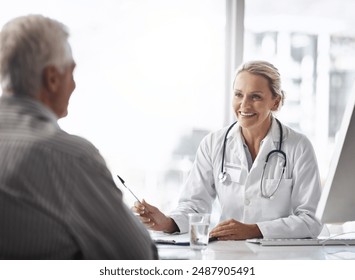 Woman, doctor and senior patient in consultation for clinical trial recruitment in reverse aging, lifespan and healthcare. Happy medical professional with checklist, document and helping with advice