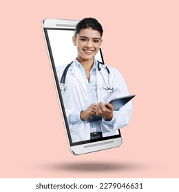 Woman, doctor and tablet on mockup screen for healthcare,, advertising or marketing against a studio background. Portrait of happy female medical expert smile with touchscreen from smartphone display - Powered by Shutterstock