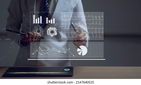 Woman Doctor Touching Ekg Screen Interface, Futuristic Screen Technology And Medical Infographic Concept