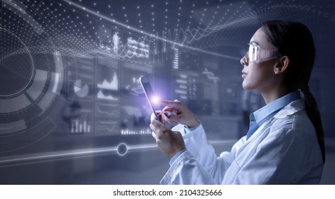 Woman doctor using tablet computer to display and analyse processing patient data on futuristic virtual interface screen. - Powered by Shutterstock