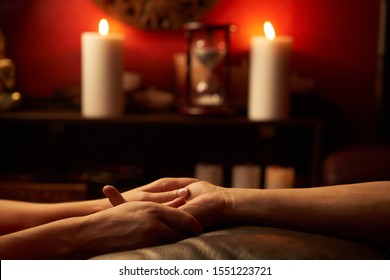 A Woman Does Acupressure Fingers For A Man. Hand Massage Complete Relaxation.