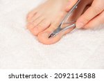 A woman does a pedicure in a beauty salon, removes the cuticle from the big toe with pliers.