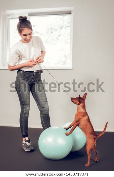 Woman Dog Darkhaired Woman Wearing Jeans Stock Photo Edit Now 1450719071