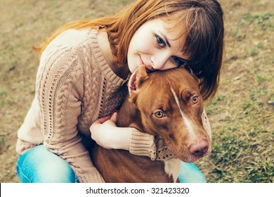 Woman With Dog Nature Summer Park 