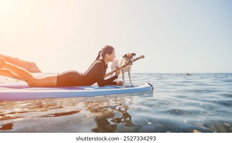 Woman Dog Paddleboarding Ocean Sunset - Woman and her dog enjoy a sunset paddleboard session on the ocean. - Powered by Shutterstock