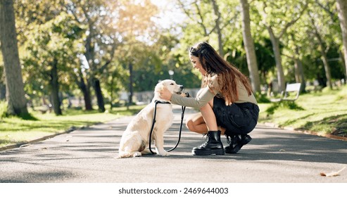 Woman, dog and park with friendship, bonding and happy for wellness, travel and journey on island. Female person, cheerful and pet care with walk, fresh air in outdoor on path in nature for training - Powered by Shutterstock