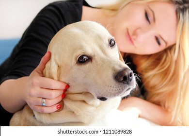 Woman with dog is resting in bed at home, relaxing in bedroom. Girl is petting with her dog. Portrait of cute yellow labrador retriever and her owner, enjoying on blue bed, posing in front of camera.