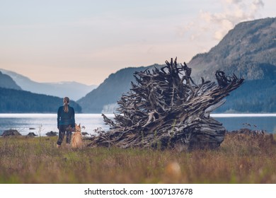 Woman And Dog Standing By Old Tree Root In Strathcona Provincial Park