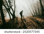 woman and dog strolling in beautiful foggy forest in autumn