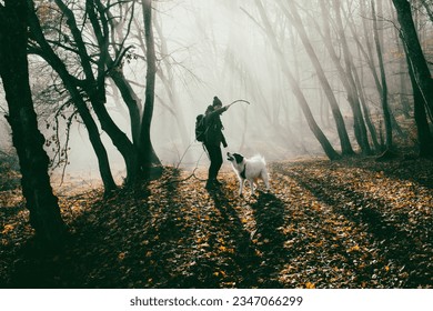 woman and dog strolling in beautiful foggy forest in autumn - Powered by Shutterstock