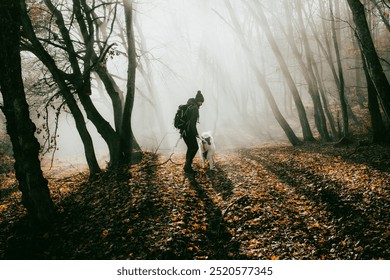 woman and dog strolling in beautiful foggy forest in autumn - Powered by Shutterstock