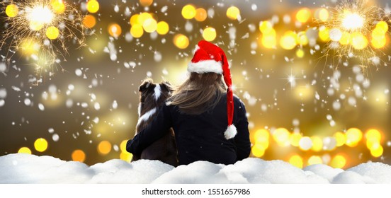 Woman With Dog Watches Fireworks