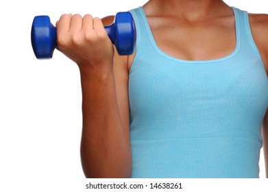 Woman Doing Bicep Curl With A Small Dumbbell Isolated Over White