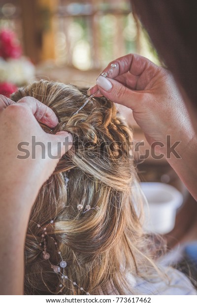 Woman Doing Brides Hair Wedding French Stock Photo Edit Now