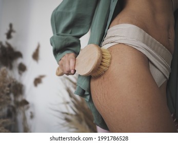 Woman Doing Dry Brush Massage, Cellulite, Body After Childbirth