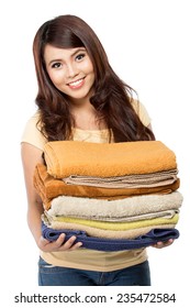 Woman Doing A Housework Holding Laundry Isolated Over White Background