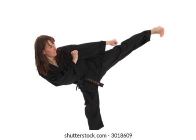 Woman Doing Karate Over White Background