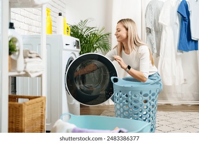 Woman Doing Laundry near a Washing Machine