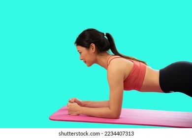 Woman doing plank exercise on transparent PNG background.