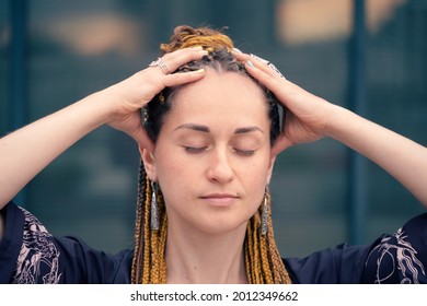 Woman Doing Self Head Massage Closeup. Improve Mental Health.