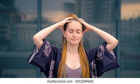 Woman Doing Self Head Massage Closeup. Improve Mental Health.