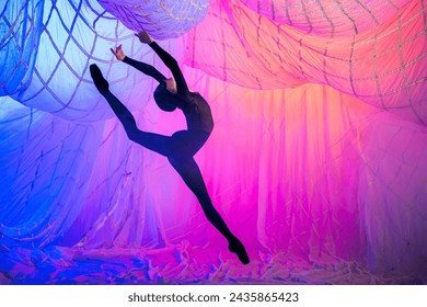 A woman is doing a split in the air. The image is of a performance, and the woman is the main focus. Scene is energetic and dynamic, as the woman is in mid-air, showcasing her flexibility and skill - Powered by Shutterstock