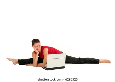 Woman Doing A Split And Using Laptop