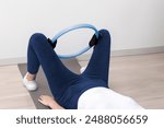 woman doing various sports moves - exercises for healthy life, pelvic floor exercise. Home sport workout. Elbows static balance stand. Floor stretching. Healthy lifestyle.