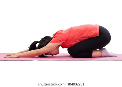 Woman Doing Yoga Child Pose Isolated On White Background