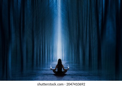 Woman doing yoga and meditation a surreal forest