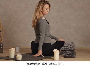 Woman Doing Yoga Pain Relief Stretching At Home. Self Care, Healing Concept