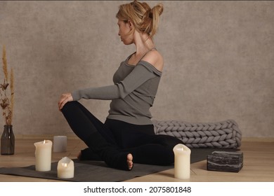 Woman Doing Yoga Pain Relief Stretching At Home. Self Care, Healing Concept