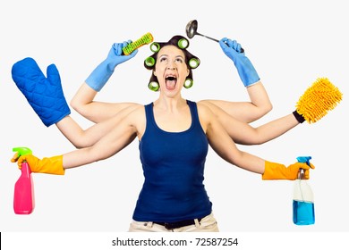 A woman in a domestic role multitasking her cleaning - Powered by Shutterstock