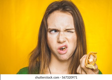 Woman Don`t Like Fast Food.Girl Eats, Full Mouth Of Food