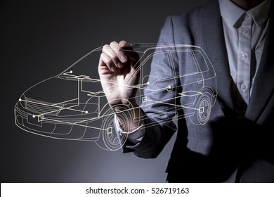 Woman Drawing A Car Design In The Air, Industrial Design Concept Visual