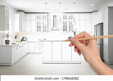 Woman Drawing Kitchen Interior Design. Combination Of Photo And Sketch