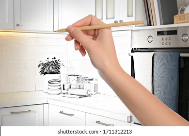 Woman Drawing Kitchen Interior Design. Combination Of Photo And Sketch