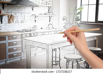 Woman Drawing Kitchen Interior Design. Combination Of Photo And Sketch