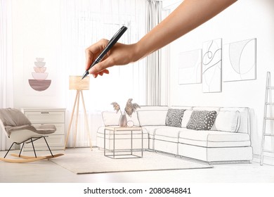 Woman drawing living room interior, closeup. Combination of photo and sketch