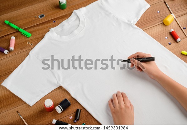 Woman Drawing On Blank Tshirt Fabric Stock Photo Edit Now 1459301984